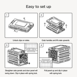 Step-by-step guide on how to set up a plastic crate with illustrations and text.