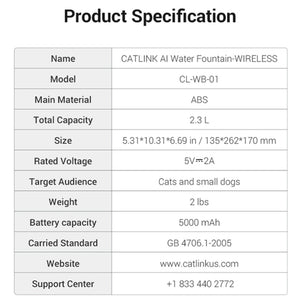 CATLINK - Pure 3 AI Water Fountain – Wireless - Petservo