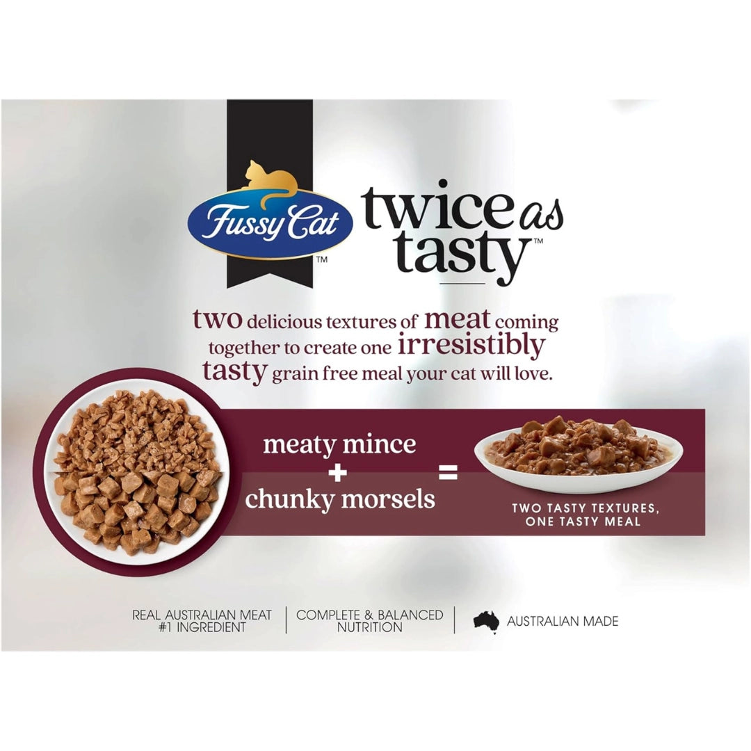 Fussy Cat Twice as Tasty cat food packaging with text and images of cat food.