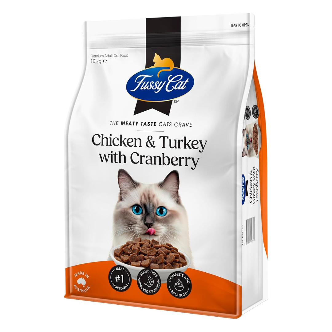 Fussy Cat cat food package with a cat on the label at Pet Servo