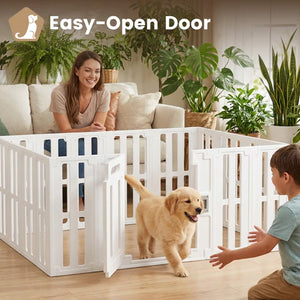 Woman and child interacting with a golden retriever behind an 'Easy-Open Door' pet gate in a living room at Pet Servo