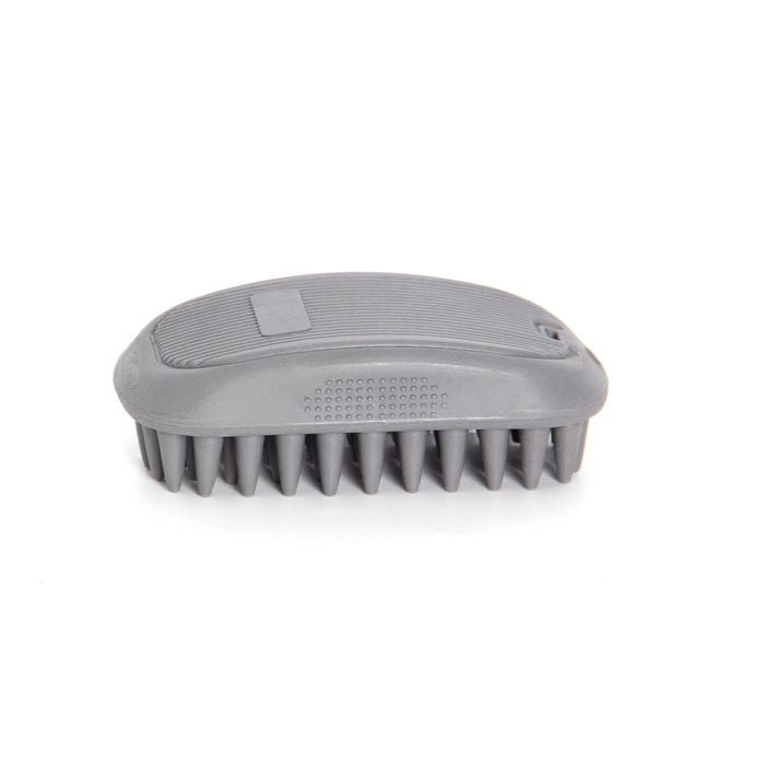 A gray pet grooming brush with soft silicone bristles, shown from a top-down view on a white background.