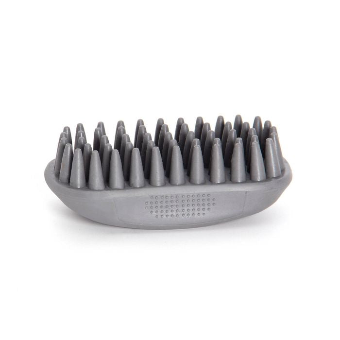 A gray silicone pet grooming brush with dense, cone-shaped nubs on a matching oval base, shown against a plain white background.