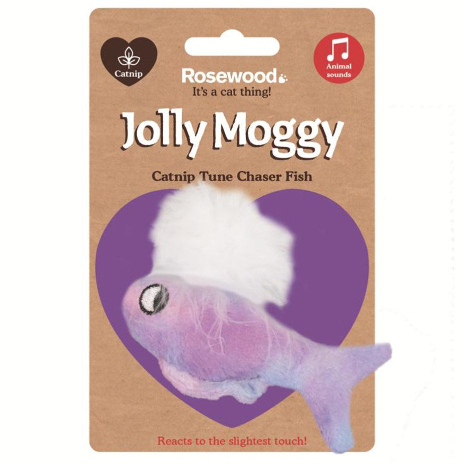 Rosewood Jolly Moggy Catnip Tune Chaser Fish toy in its original retail packaging. The product is a soft, iridescent purple and pink fish with white fluff on its back, mounted on a brown cardboard backing card with brand and product name graphics at Pet Servo
