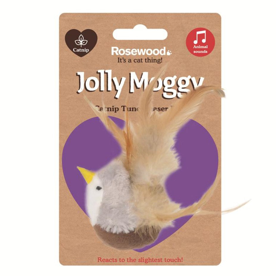 Jolly Moggy catnip toy packaging with a catnip tuna teaser on a brown background at Pet Servo