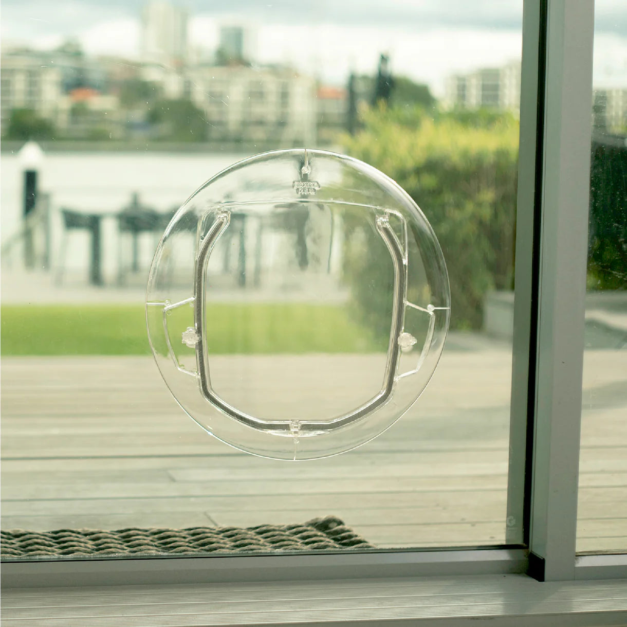 Clear pet door on a glass door with a view of a garden and buildings outside.