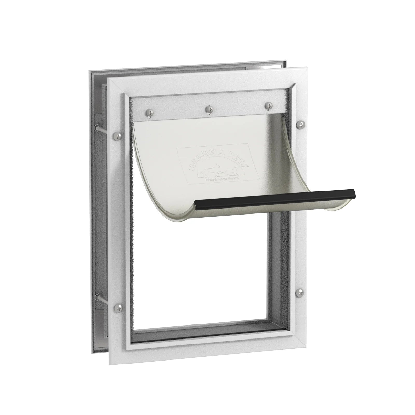 Dog door with a white flap on a white background
