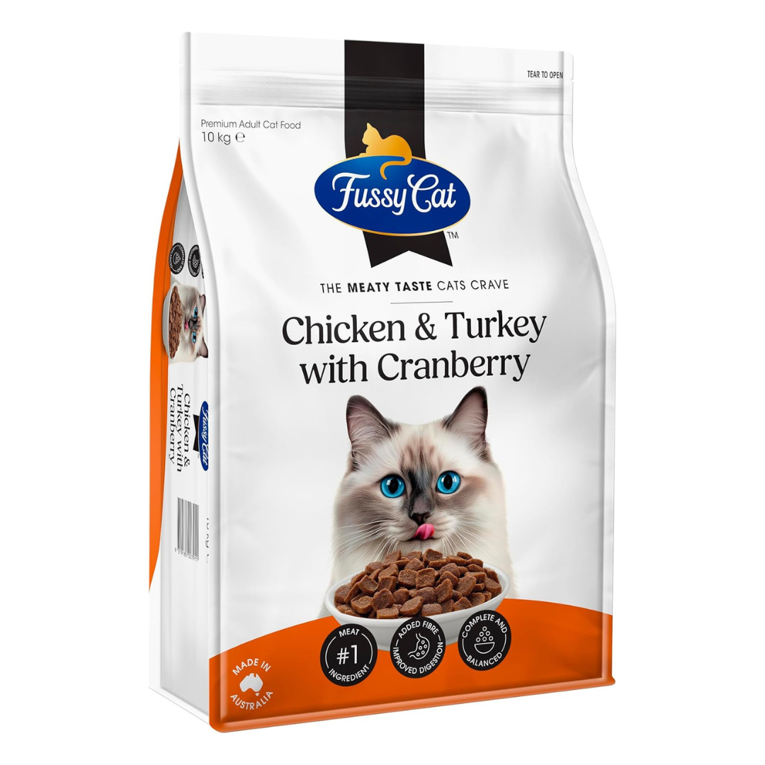 Fussy Cat cat food package 10kg with a cat on the label on a white background at Pet Servo