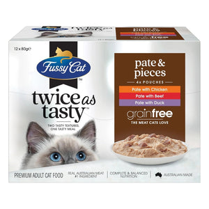 Fussy Cat cat food packaging with a cat's face and food in a bowl on a white background
