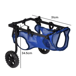 Blue mesh dog stroller with a black frame and wheels, shown with dimension lines and measurements of 31cm and 34.5cm on a white background at Pet Servo