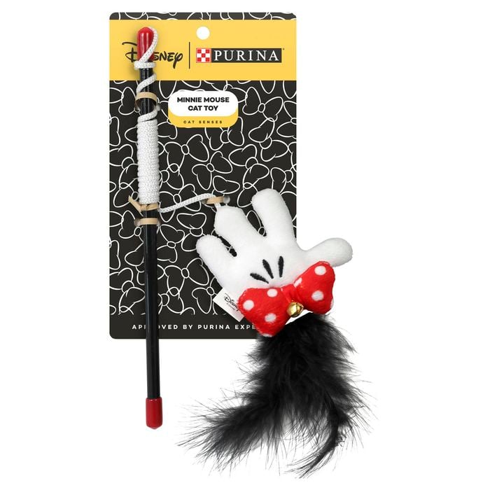 Minnie Mouse themed cat toy with packaging featuring Disney and Purina logos.