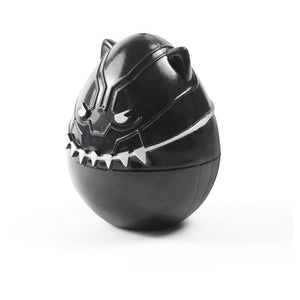 Black and silver egg-shaped container with a panther design on a white background