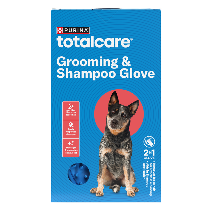 Purina Totalcare Grooming & Shampoo Glove packaging with a dog on a blue background at Pet Servo