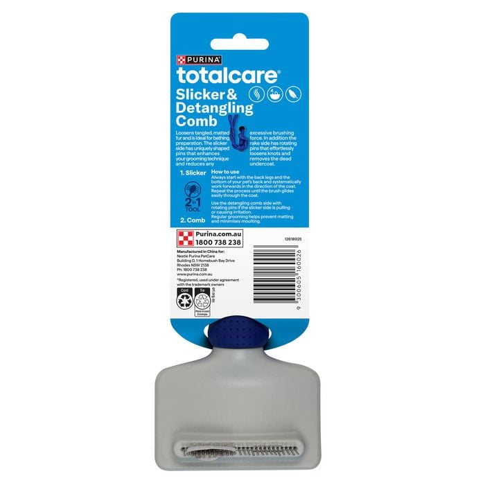 Purina TotalCare Slicker & Detangling Comb packaging on a white background
