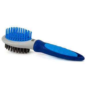 Pet grooming brush with blue bristles and handle on a white background 