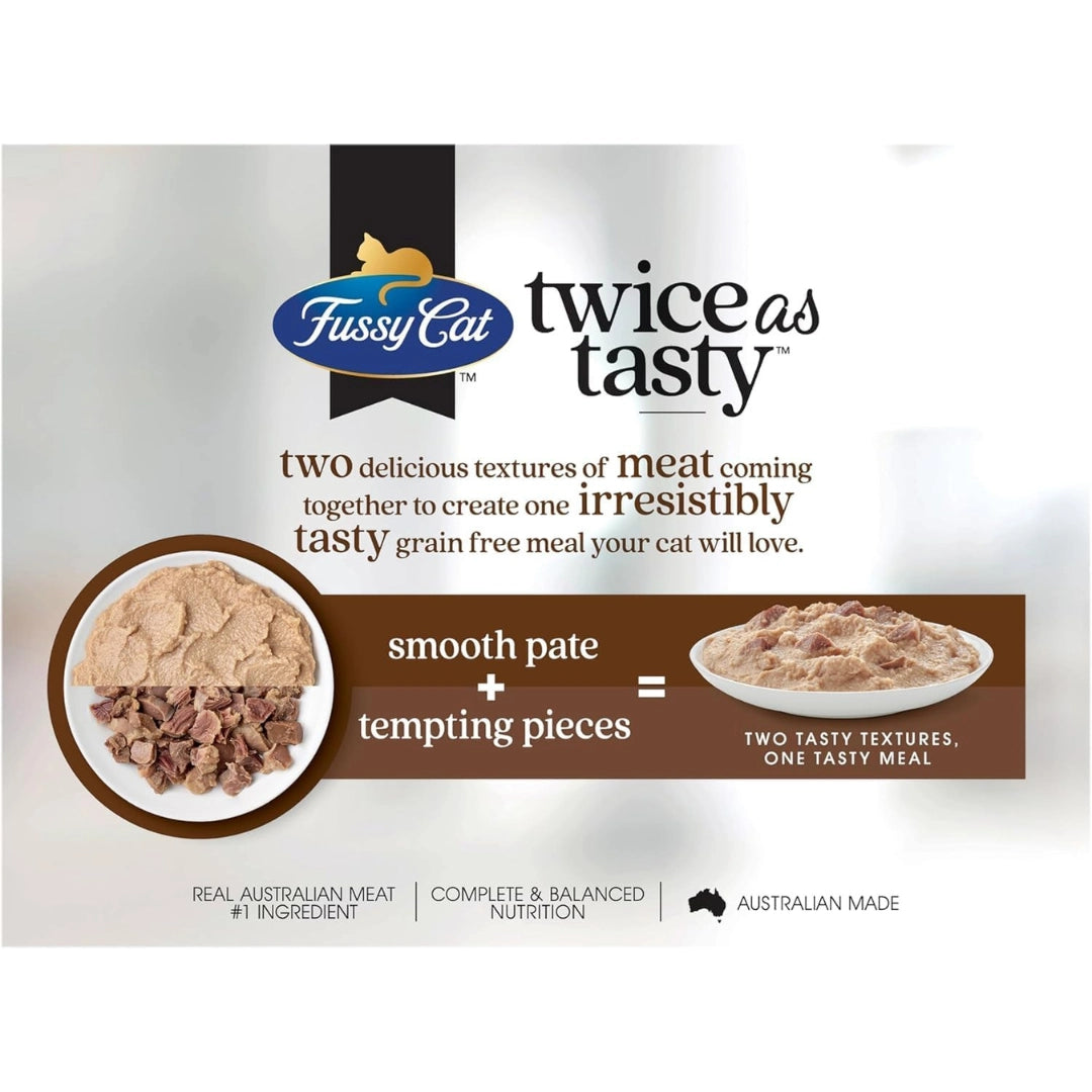 Fussy Cat Twice as Tasty cat food packaging on a white background