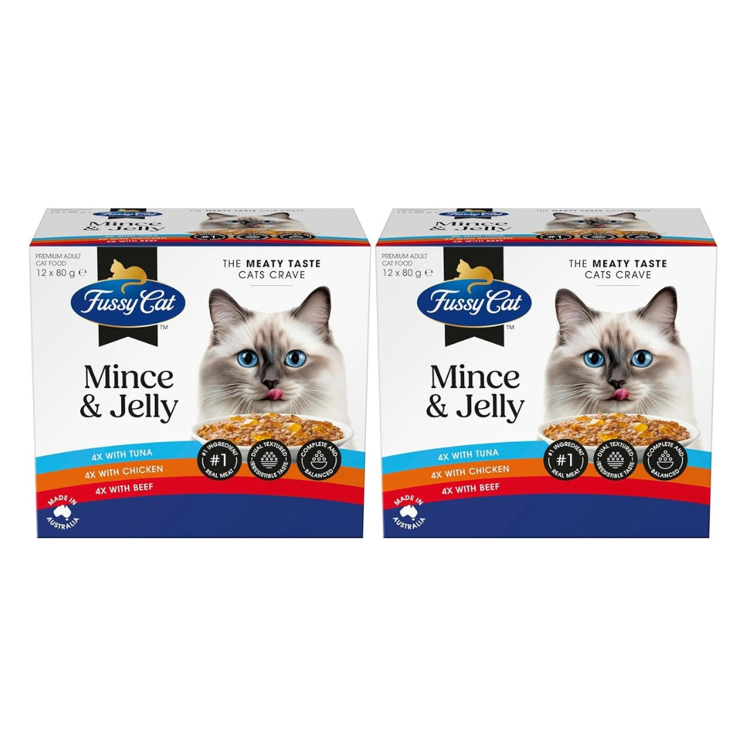 Two boxes of Fussy Cat Mince & Jelly cat food on a white background at Pet Servo