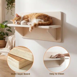 A ginger and white cat rests on a light natural wood wall-mounted shelf in a bright room. Two circular inset callouts show the shelf's multi-layer wood construction and a hand wiping the surface to demonstrate easy cleaning at Pet Servo