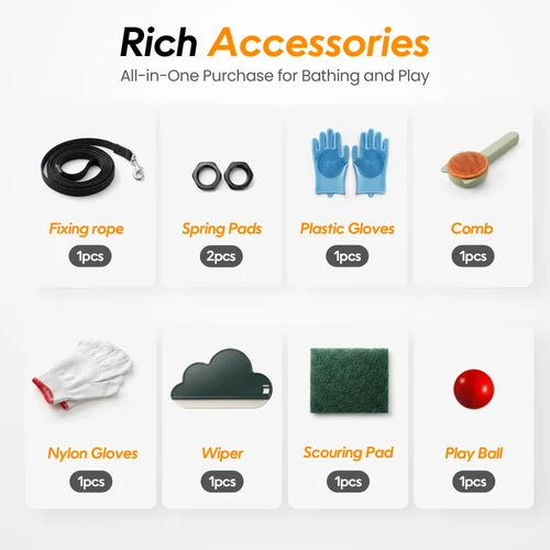 Collection of bathing and play accessories with labels on a white background at Pet Servo