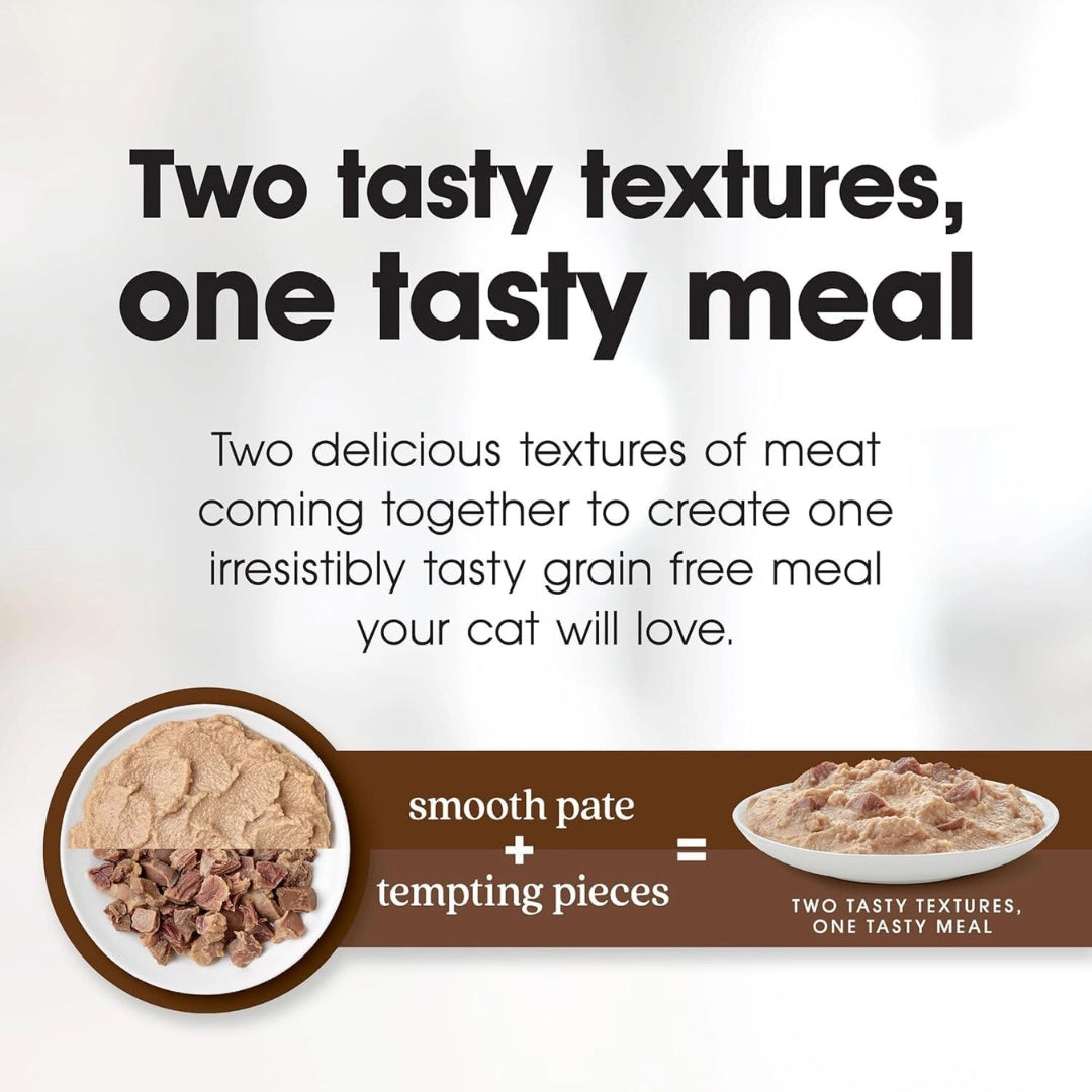 Advertisement for cat food with text 'Two tasty textures, one tasty meal' and images of smooth pate and tempting pieces.