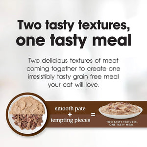 Advertisement for cat food with text 'Two tasty textures, one tasty meal' and images of smooth pate and tempting pieces.
