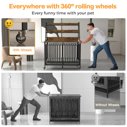 Comparison of a piece of furniture with and without wheels, showing ease of movement with wheels at Pet Servo