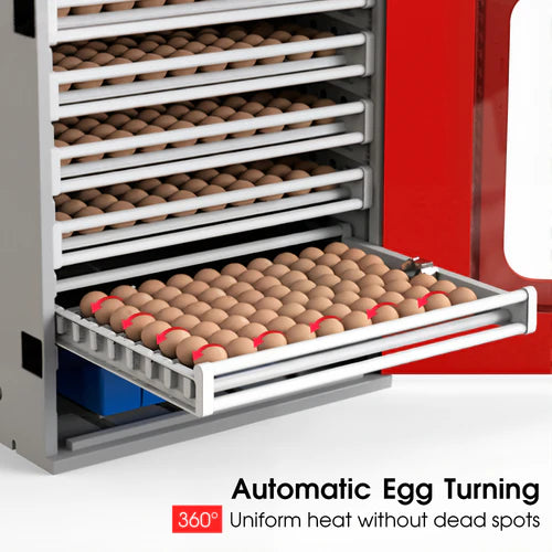 Egg incubator with egg trays and text highlighting automatic egg turning feature at Pet Servo