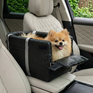 Dog in a black pet carrier sitting on a car seat at Pet Servo