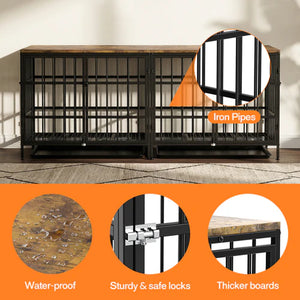 Large metal dog crate with wooden top, featuring iron pipes and lock details at Pet Servo