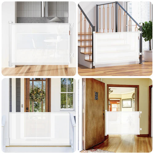 White baby gate in various home settings including a staircase, doorway, and room at Pet Servo