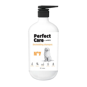 Dog shampoo bottle labeled 'Perfect Care by M-Pets' on a white background
