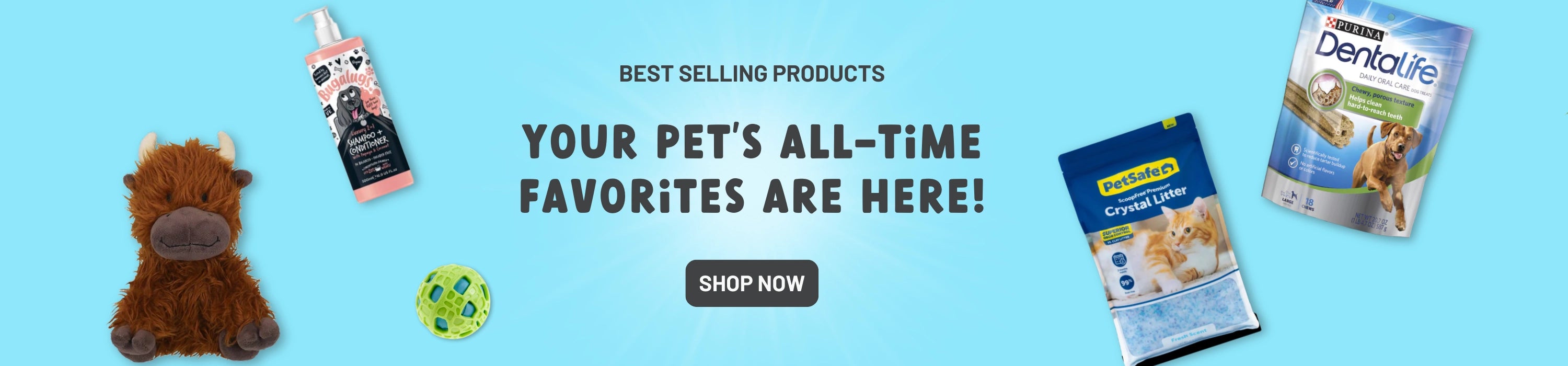 Promotional banner for pet products with toys and treats on a blue background at pet servo