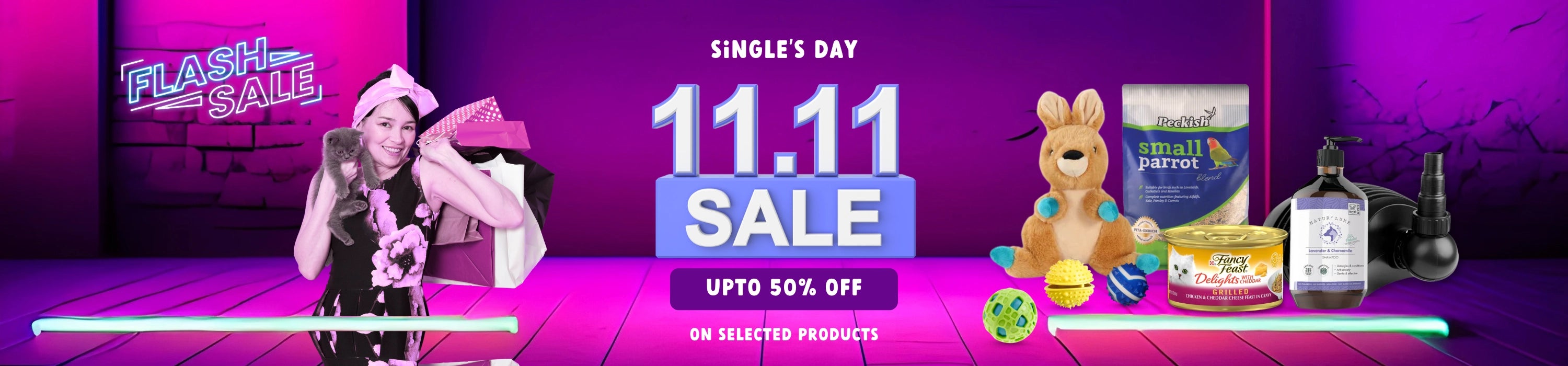 Promotional banner for Singles' Day sale with a character and products on a purple background