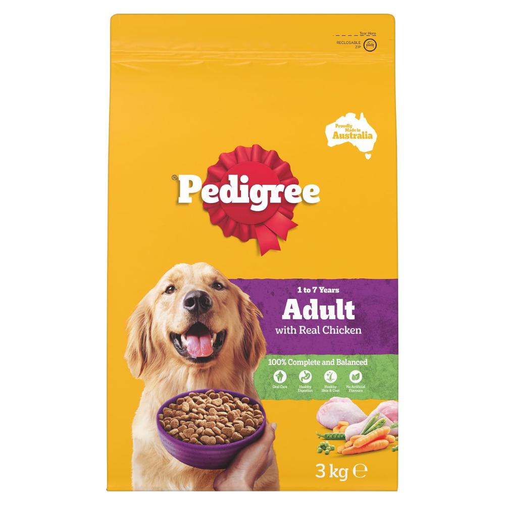 A 3 kg bag of Pedigree Adult dog food with real chicken, featuring a golden retriever holding a bowl of kibble on a bright yellow background.