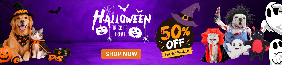 Halloween promotional banner with a golden retriever and a cat dressed in costumes, a dog in a witch outfit, and cartoon ghosts on a purple background with 'Halloween Trick or Treat', '50% OFF', and 'SHOP NOW' text.
