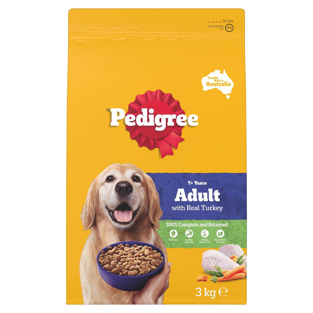 PEDIGREE - Adult 7+ Dry Dog Food with Real Turkey 3kg Bag, 4 Pack at pet servo