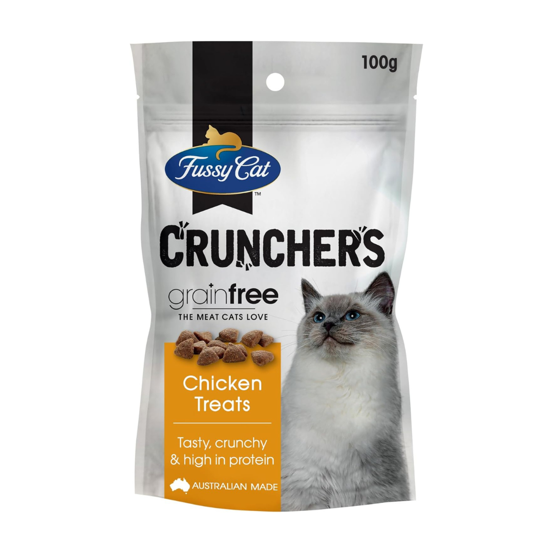 Fussy Cat Crunchers grain-free chicken treats packaging on a white background