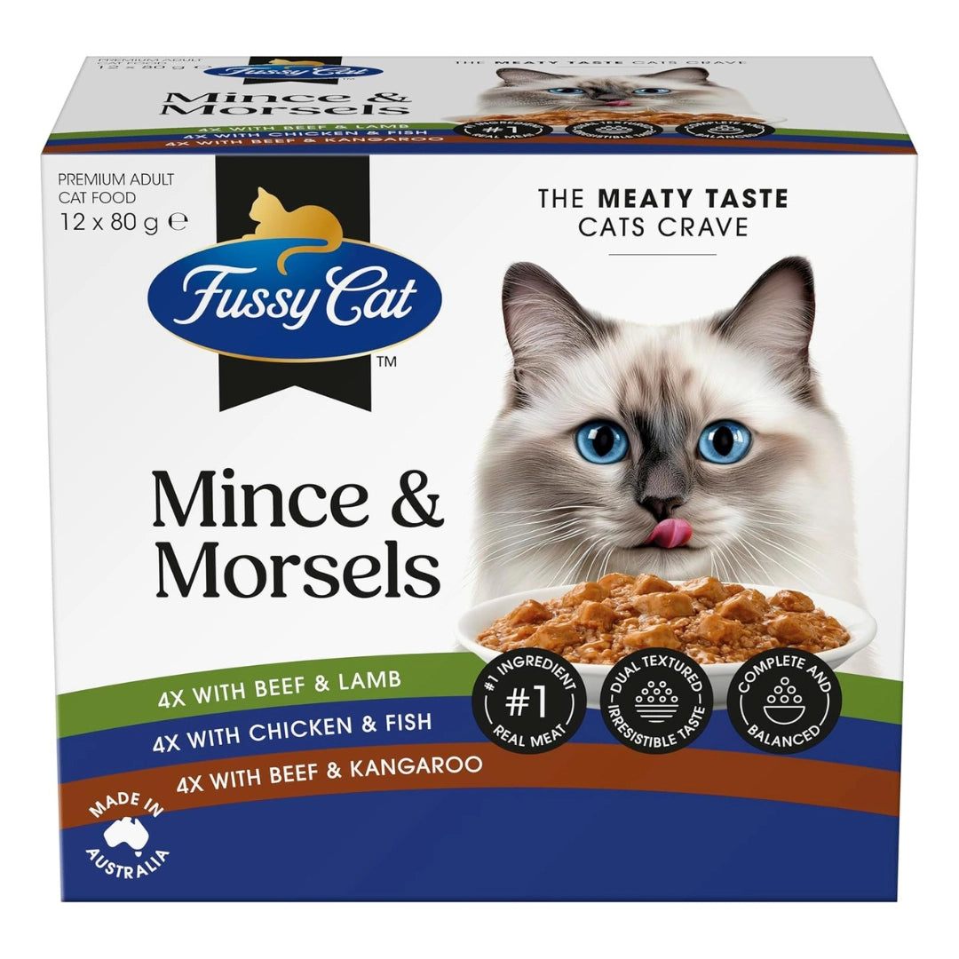 Fussy Cat Mince & Morsels cat food packaging with a cat on the front.