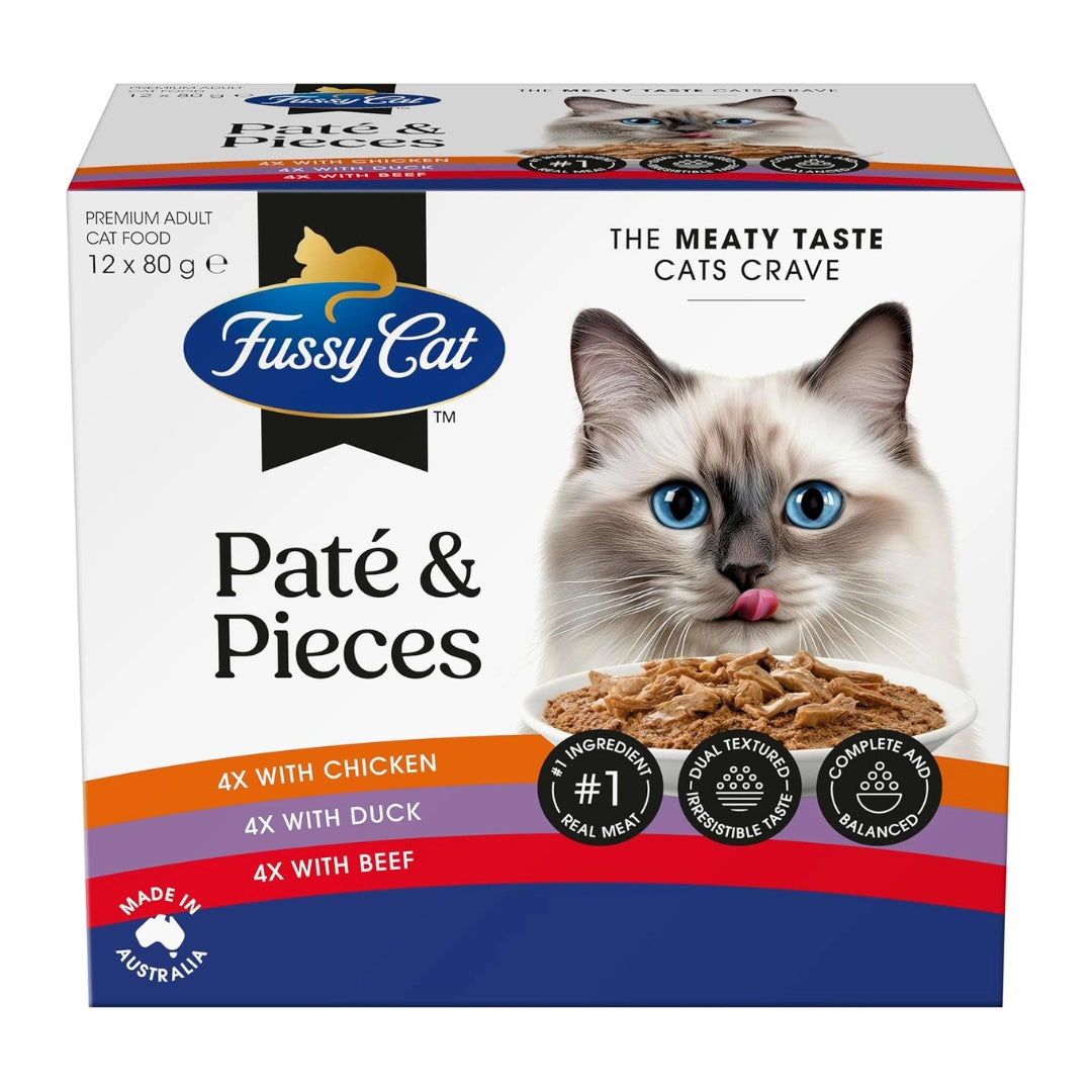 Fussy Cat Páté & Pieces cat food packaging with a cat on the front at Pet Servo
