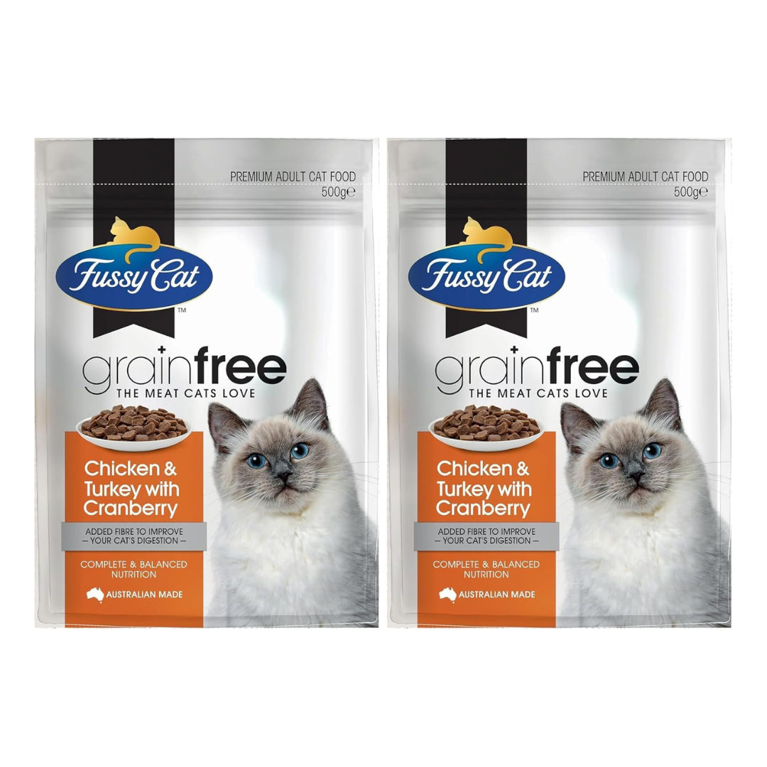 Two packages of Fussy Cat grain-free cat food on a white background at Pet Servo