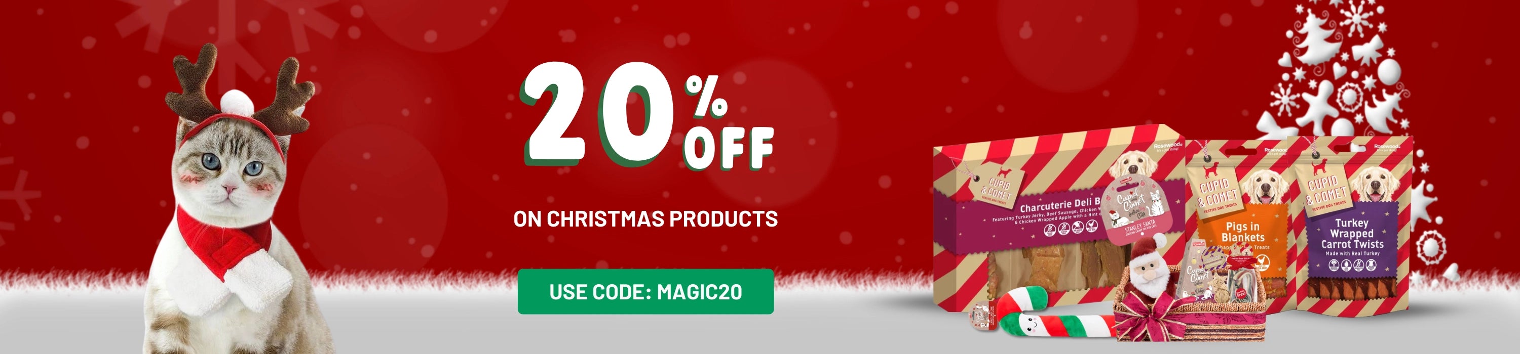 Cat in reindeer costume with Christmas products and promotional text 20% off on a red background at Pet Servo