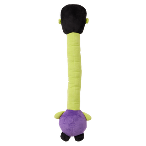 Plush toy with a long green body, black head, and purple base on a white background at Pet Servo