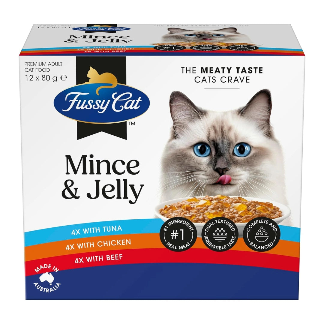 Fussy Cat Mince & Jelly cat food packaging with a cat on the front at Pet Servo