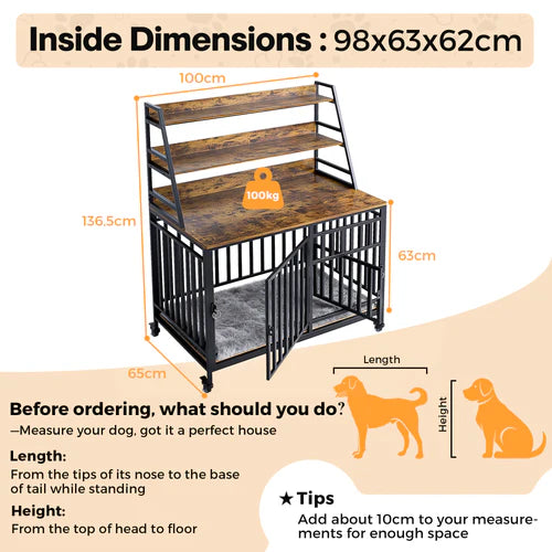 Measurement chart of a pet crate with dimensions and tips for ordering at Pet Servo