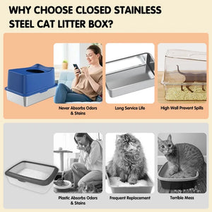 Promotional infographic for a closed stainless steel cat litter box. The top section asks 'WHY CHOOSE CLOSED STAINLESS STEEL CAT LITTER BOX?' and shows three product benefits with photos: a blue and silver litter box, a stainless steel tray, and a clear litter box with a high wall at Pet Servo