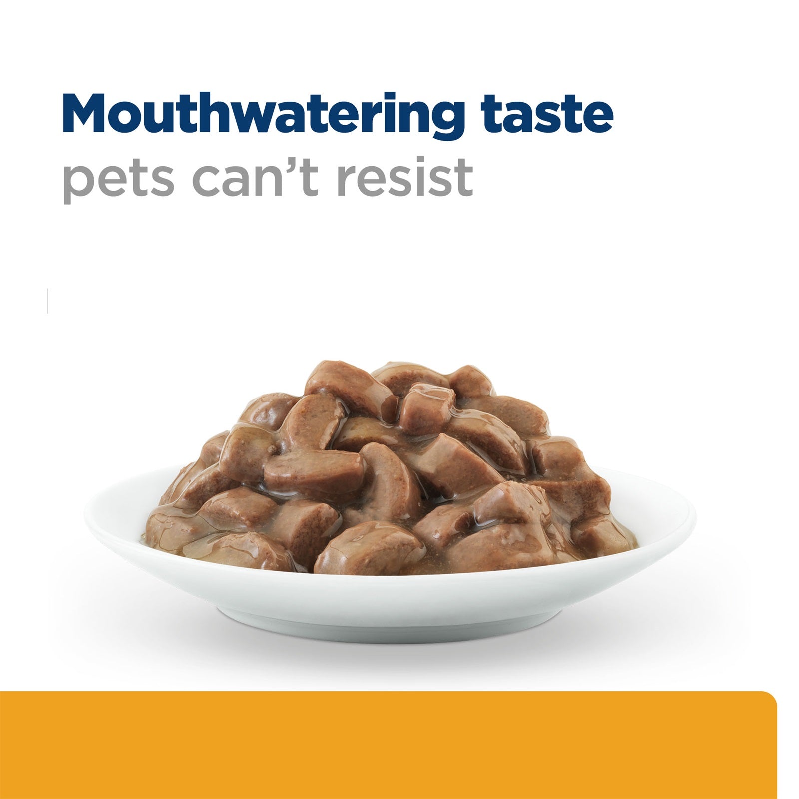 Dog food in a bowl with text 'Mouthwatering taste pets can't resist' on a white background
