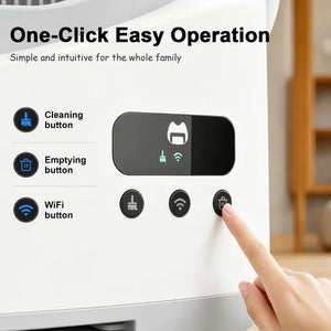 A close-up of a white appliance control panel with a finger pressing a button, under the headline 'One-Click Easy Operation.' The panel shows icons and labels for cleaning button, emptying button, and Wi-Fi button, with a softly blurred indoor background at Pet Servo