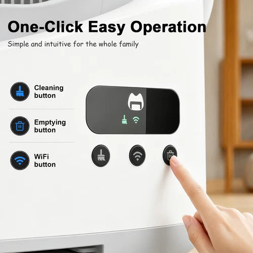 A close-up of a white appliance control panel with a finger pressing a button, under the headline 'One-Click Easy Operation.' The panel shows icons and labels for cleaning button, emptying button, and Wi-Fi button, with a softly blurred indoor background at Pet Servo