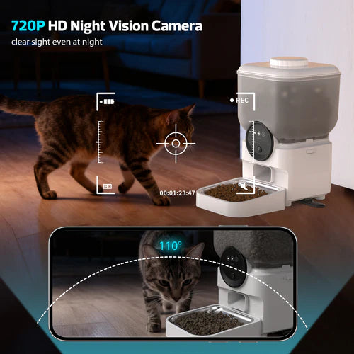 Cat approaching a pet feeder with 720P HD Night Vision Camera feature displayed at Pet Servo