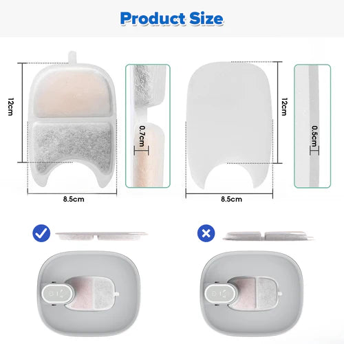 Product size chart with dimensions and design comparison on a white background at Pet Servo